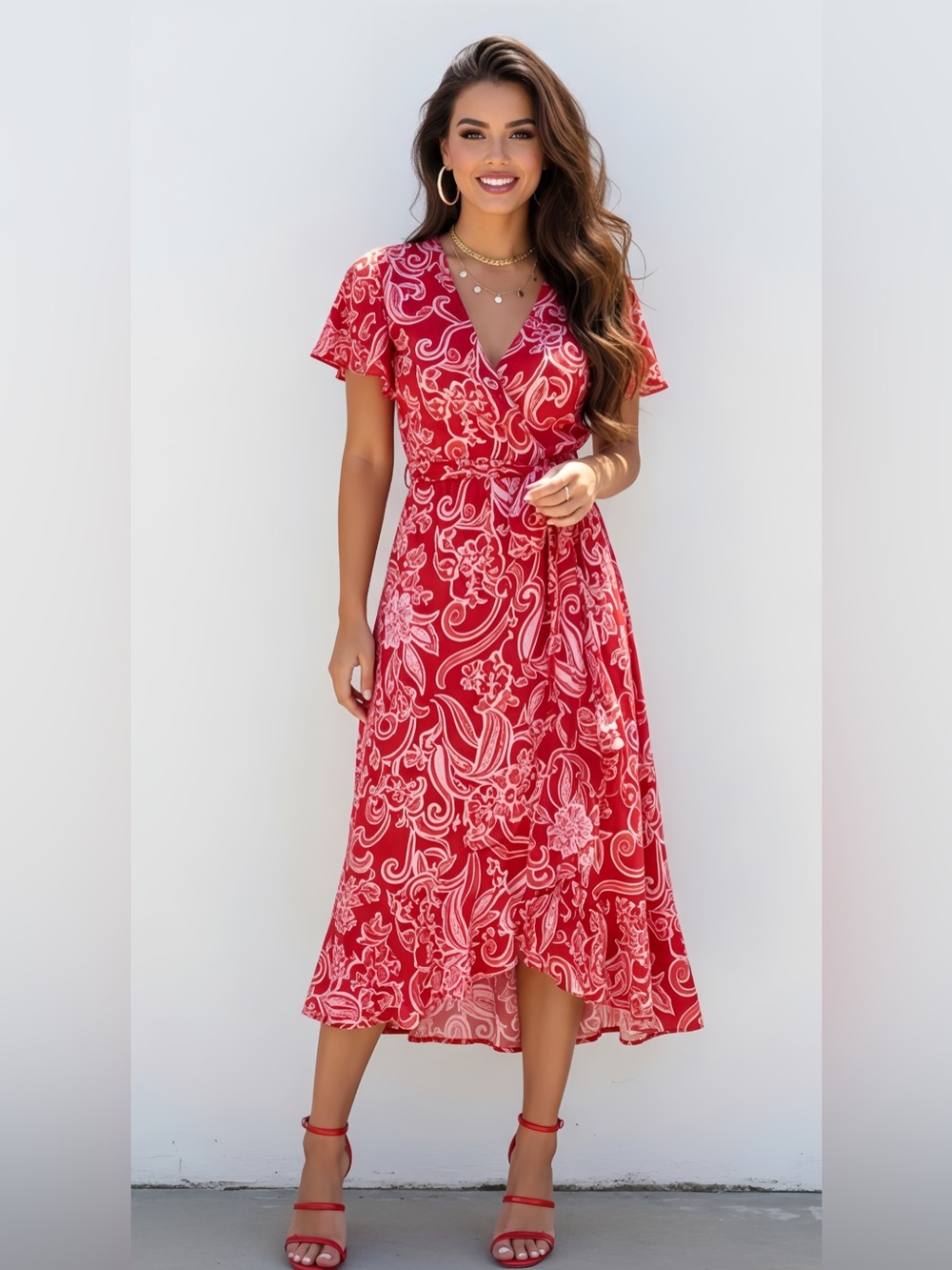 Nicole Miller Red Floral Wrap Midi Dress